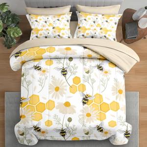Pamnest Comforter Set Full Size, Bees Honey Flower 7 Pcs Bedding for Kids and Adults, Spring Floral Summer Bed Sheet Sets with Fitted Sheet 2 Pillowcases & 2 Shams for Bedroom Bed Decor