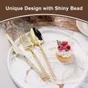 150PCS Gold Plastic Silverware, Heavy Duty Utensils, Disposable Plastic Cutlery Silverware Include 50 Forks, 50 Knives, 50 Spoons for Party and Wedding, Shiny Bead