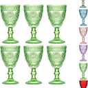 Black Vintage Wine Glasses Set of 6, 10 Ounces Colored Glass Water Goblets, Unique Floral Embossed Pattern High Clear Stemmed Glassware Wedding Party Bar Drinking Cups Fancy Glasses Hand Wash Only (Pink)