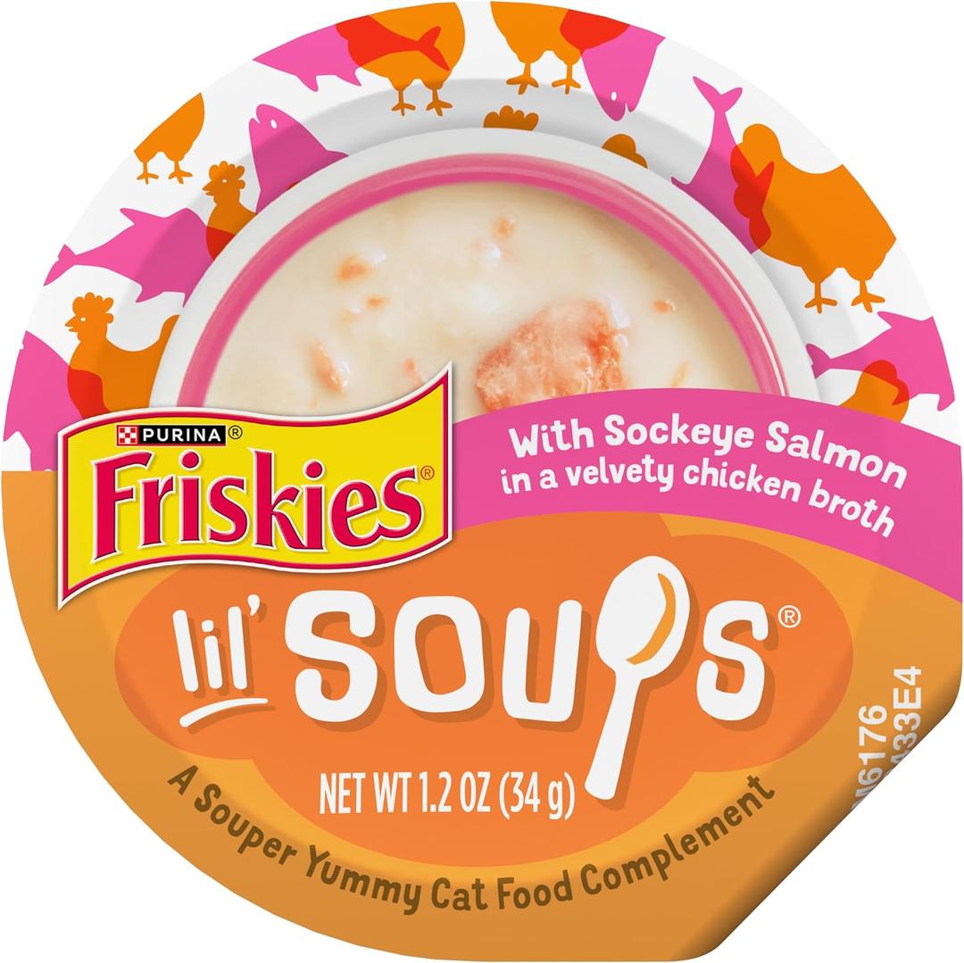 Purina Friskies Grain Free Lickable Cat Food Toppers Lil Soups With Sockeye Salmon in Chicken Broth - (Pack of 8) 1.2 oz. Cups (EXP 02/29/28)