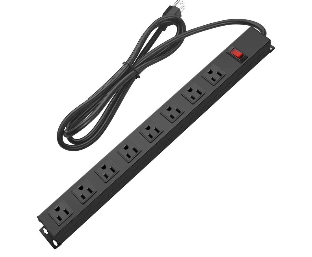 HHSOET Metal 8 Outlet Mountable Power Strip, Wall Mount Outlet Heavy Duty, Wide Spaced Commercial Shop Power Strip with Switch, 15A 125V 1875W, 6 FT SJT 14AWG Power Cord.(Black)