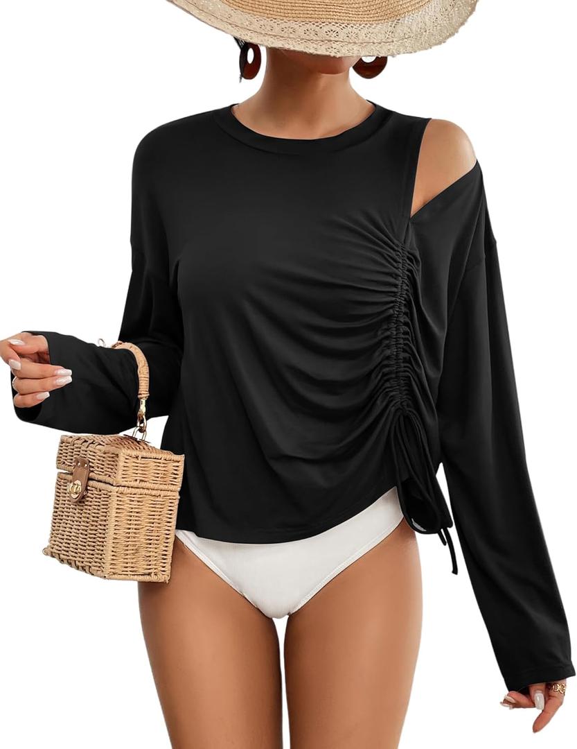 Bsubseach Womens Long Sleeve Cover Up Top Cutout Drawstring Beach Swimsuit Coverup Black XL