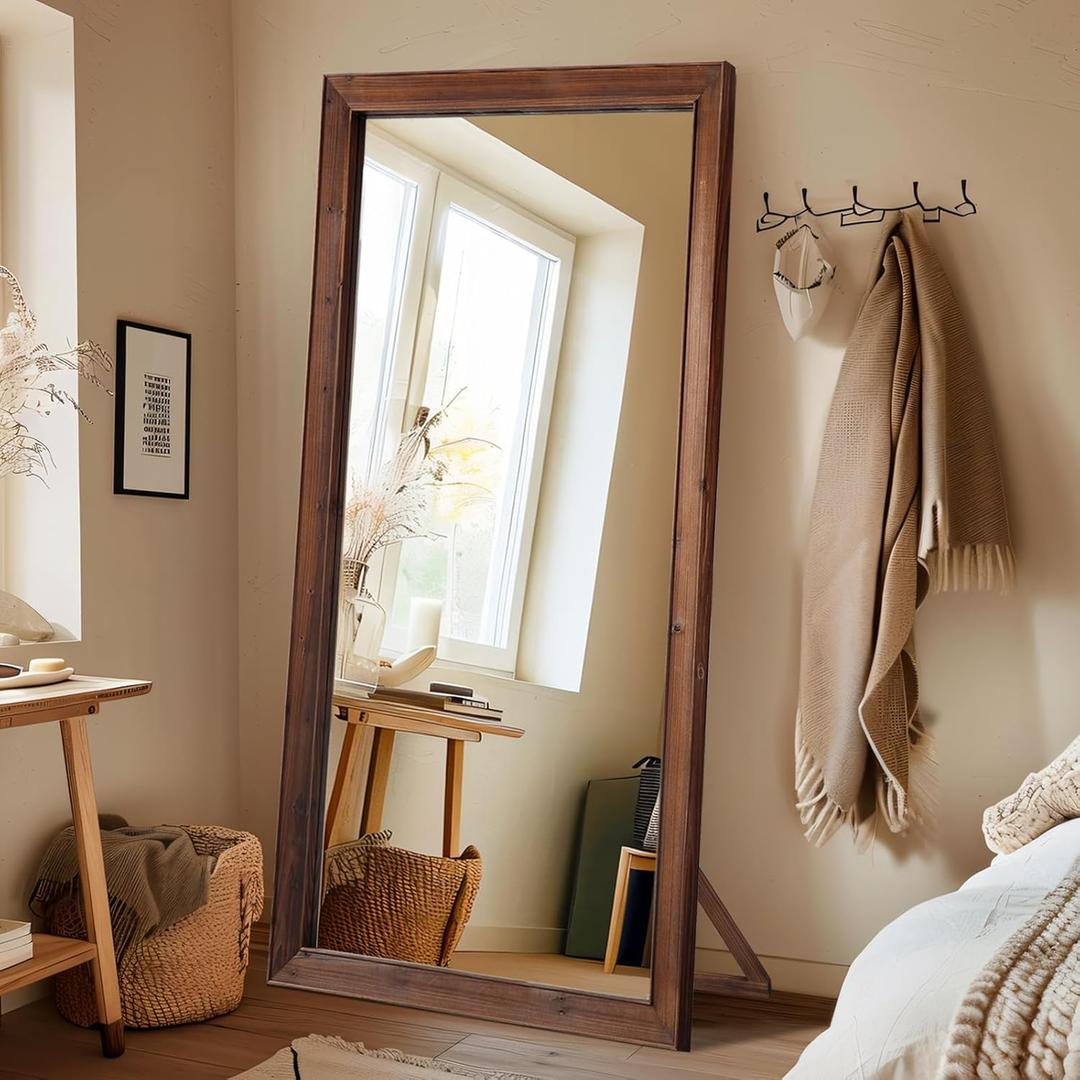 MELOMOIR Rustic Farmhouse Full Length Mirror, 71"x32" Large Floor Mirror Wood Frame, Free Standing Mirror Leaning Hanging, for Bedroom Living Room Cloakroom, Wood
