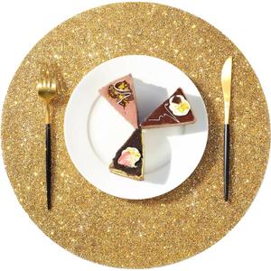 Blulu 4 Pieces Round Rhinestone Placemat 15 Inch Glitter Sparkle Placemat Crushed Bling Place Mats Decorative Table Mats Washable for Christmas Kitchen Wedding Banquets Table Decoration (Gold)