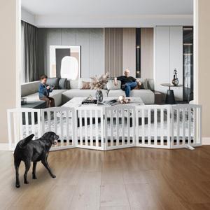 Freestanding Dog Gate Indoor,Doggie Gate Foldable Dog Gates for Doorways,Stairs or Hallways, Wooden White Pet Gate for The House, Pet Fence with Support Feet Included,24 "Height-6 Panels