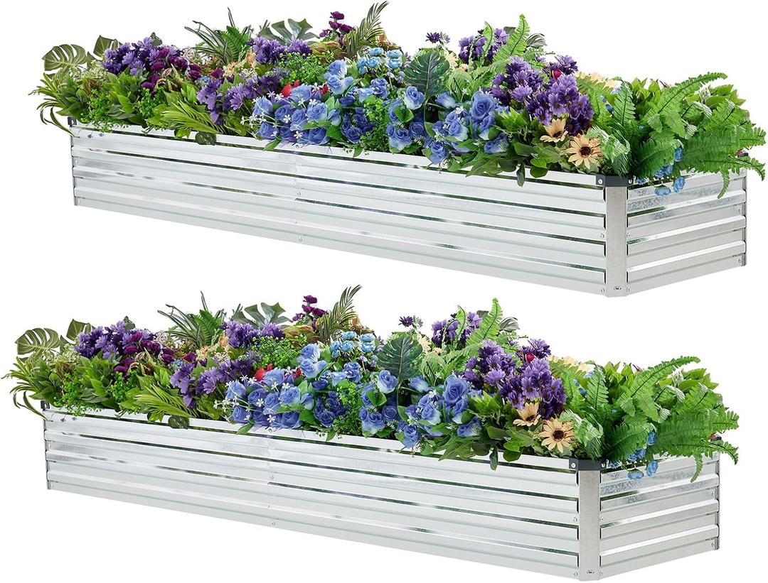 Meberam 2 Pack 8x2x1FT Galvanized Raised Garden Beds Kit Outdoor Metal Gardening Planter Box for Vegetable Elevated Flower Herbs,Silver