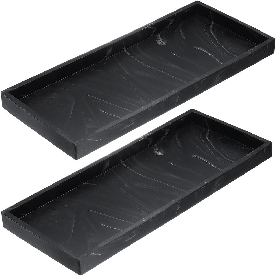 uxcell 2Pcs Bathroom Vanity Tray, 11.8" x 5" Home Kitchen Silicone Trays Shatterproof Vanity Sink Organizer for Soaps Keys Candle Trinket Tank, Marble Black