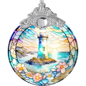 Stained Glass Suncatcher, Jocidea Lighthouse Ornament, Christmas Ornaments, Holidays Ornaments, Christmas Tree Decor, Lighthouse Decor for Home, Lighthouse Gifts