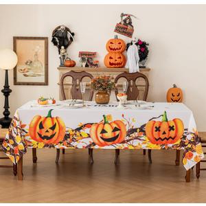 Halloween Tablecloth, Orange Jack-O-Lantern Pumpkin Leaf Holiday Table Cover Rectangular Water Resistant for Party Picnic Dinner Decor 60x102 Inch