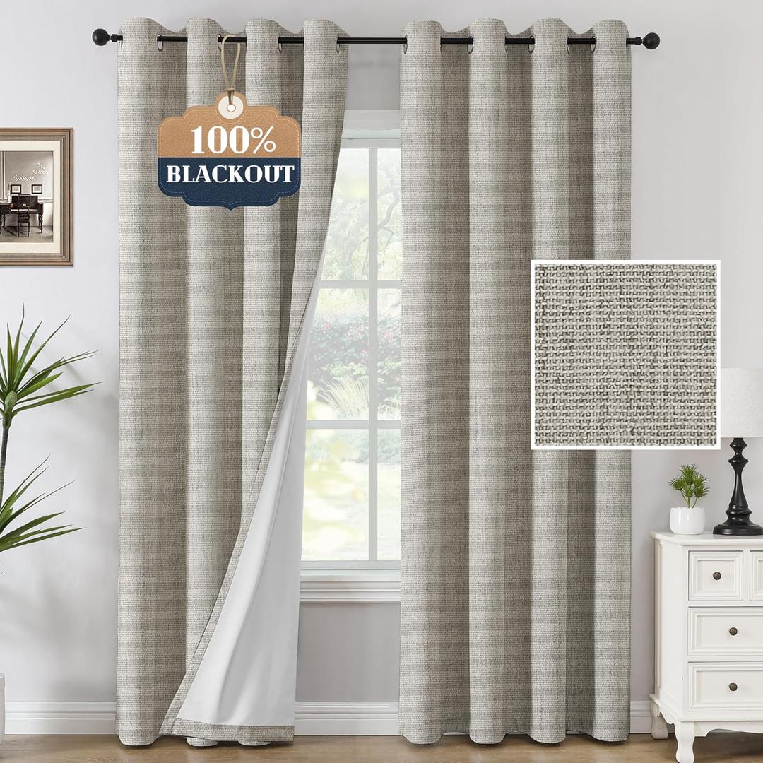H.VERSAILTEX Premium Chenille Blackout Curtains - 100% Blackout Thermal Insulated Noise Reducing, Heavy White Flocking Coating Back Linen Textured, 2 Panels 84 Inches, Oyster Grey (Not Solid)
