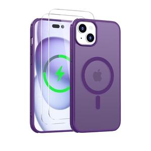 Iokmax Magnetic for iPhone 15 Plus Case [Compatible with MagSafe] with 2X Screen Protector, Military-Grade Slim Shockproof Phone Cover Translucent Anti-Fingerprint for iPhone 15 Plus 6.7'', Purple, Set of 2