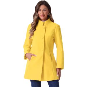 Allegra K Women's Winter Overcoat Mid-Long Stand Collar Single Breasted Coat Outerwear (Large, Yellow)