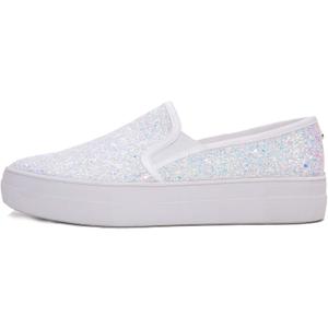 FEVERSOLE Women's Fashion Slip On Sneaker Casual Platform Loafers (10, Platform Multi White Glitter)