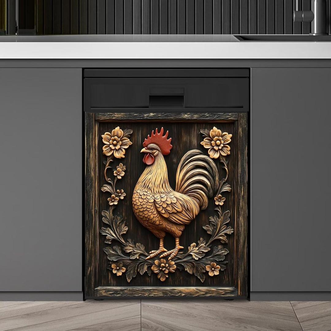 Rustic Farmhouse Rooster Dishwasher Magnet Cover,Vintage Rooster Wood Floral Magnetic Dishwasher Cover Vinyl Sticker,Fridge Door Cover Magnets Art Skin Panel Decal,Home Decor Decal,23"X26"