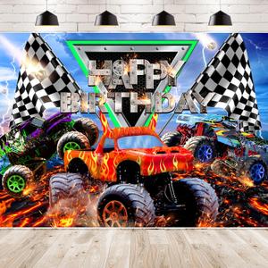 Truck Themed Birthday Party Supplies Backdrop 7Wx5H Monster Boys Kids Happy Birthday Background Photography Jam Burning Flame Car Grave Digger Party Decorations Banner Photo Booth Props