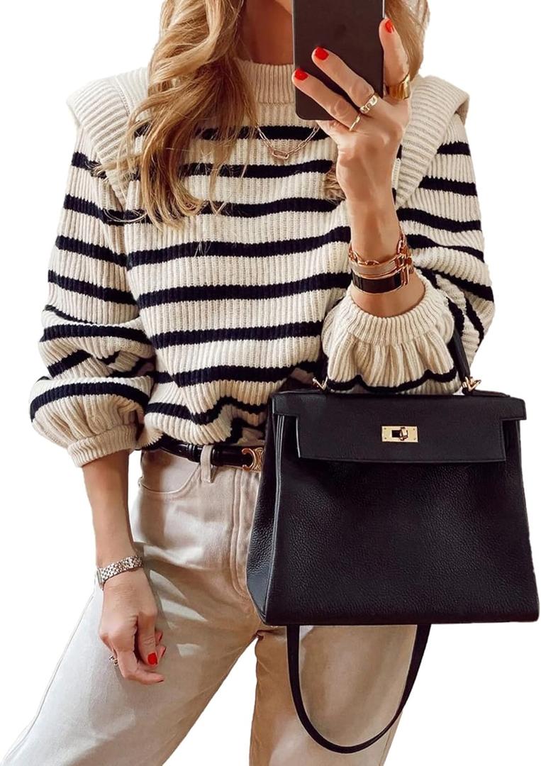 PRETTYGARDEN Fall Sweaters for Women 2025 Long Sleeve Crewneck Blouses Dressy Casual Ribbed Striped Knit Pullover Jumper Tops (Small, Beige Apricot)