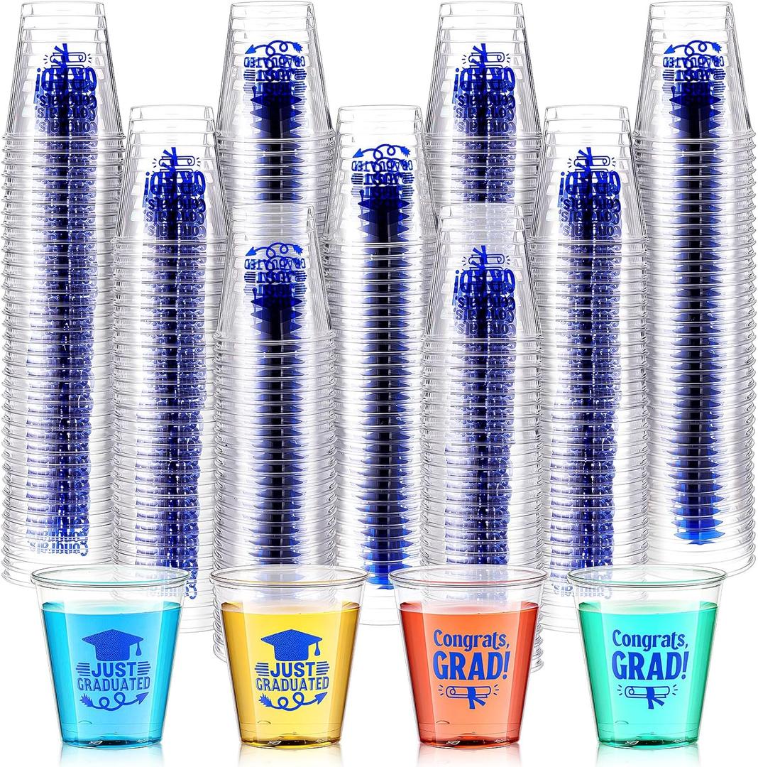 Sliner 200 Pcs graduation Plastic Shot Glasses 1.5 oz Clear Plastic Cups Disposable Graduation Birthday Cups Decorations for Graduated Tailgate Dinner Sports Event(Blue)