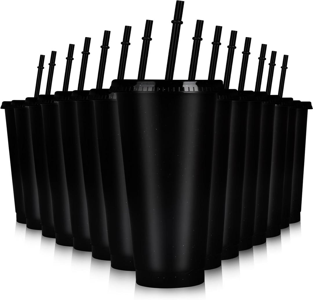 Hxezoc 16-Piece Reusable Cups with Lids and Straws, 24 oz Glitter Plastic Tumbler Iced Coffee Cups Travel Mug Cup for Smoothie Juices Beach or Bachelor Party (Black)