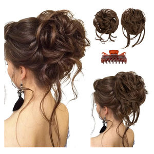 SARLA 2PCS Messy Bun Hair Pieces for Women Detachable Claw Clip Wavy Curly Synthetic Hairpieces for Updos with Tendrils Fake Scrunchies Ponytail Extension Chocolate Multi