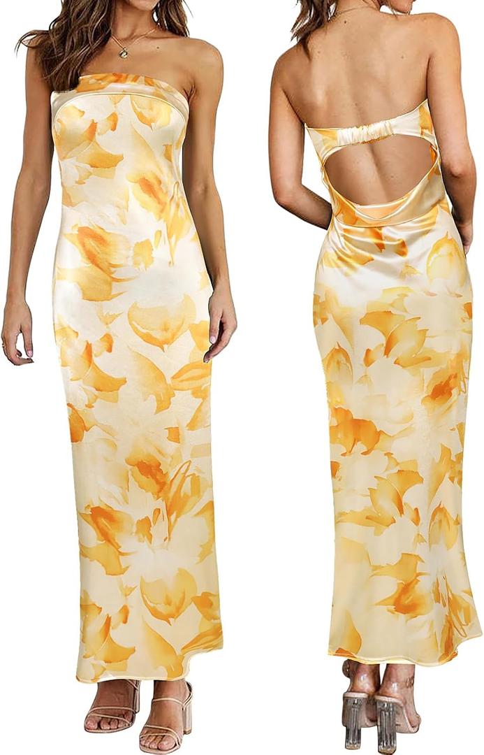 Women's Sexy Satin Tube Maxi Dress Elegant Silk Strapless Open Back Party Cocktail Wedding Guest Formal Long Dresses
