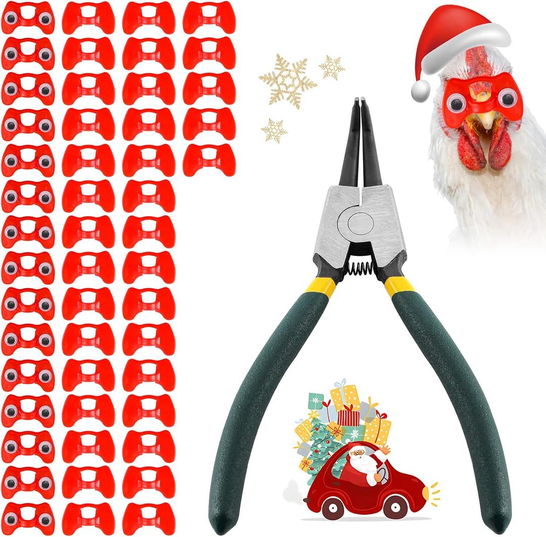 50 Pcs Pinless Peepers with Stickers, Pliers for Chickens, Pheasant Poultry Blinders, Anti-Pecking Glasses (Medium)