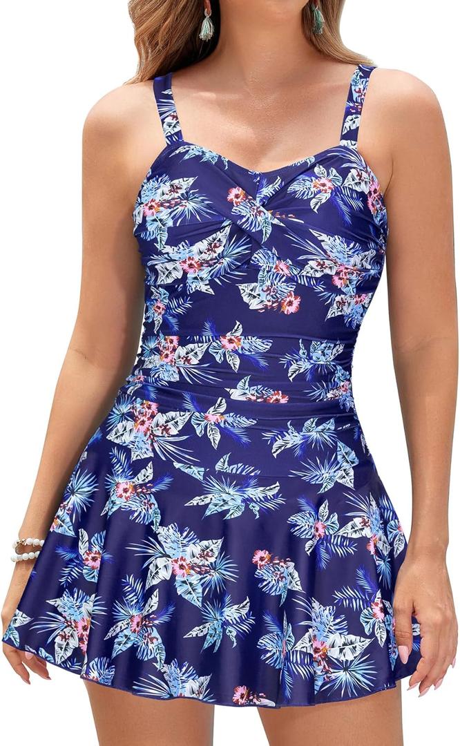 SHEKINI Women's Crossover Ruched Skirt One Piece Swimdress Swimsuit Bathing Suit（L，Dark Blue-Morning Glory）