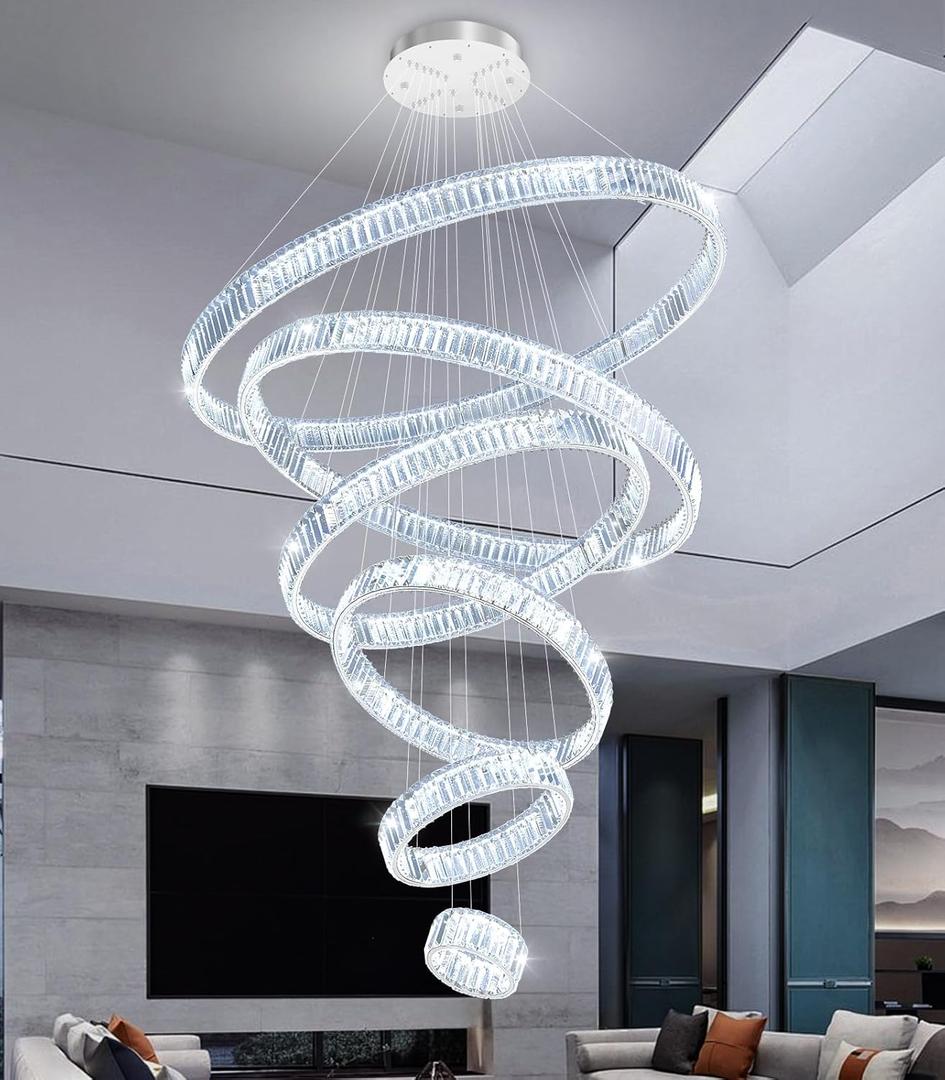 8''+16''+24''+32''+40''+47'' Modern Ring Chandelier Crystal Chandeliers for Dining Room Round LED Dimmable Ceiling Light Fixture for Living Room Bedroom Lighting Silver