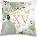 Sage Green Floral Brown Princess Quinceaera Mis XV Aos Throw Pillow (16x16)