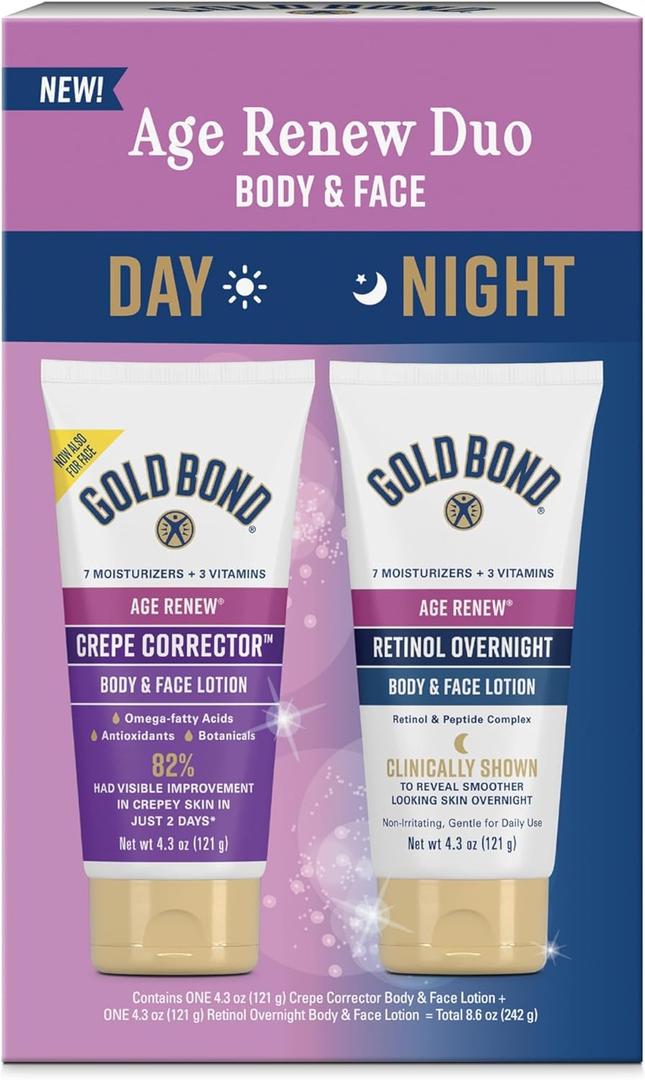 Gold Bond Age Renew Day & Night Duo Lotion Set for Body & Face, Crepe Corrector Lotion, Visibly Firms Skin Retinol Overnight Lotion, Visibly Smooths Skin, 8.6 oz.