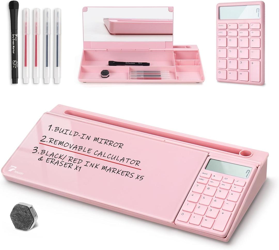 TOWON Desk Dry Erase Board with Detachable Calculator, Small Glass Desktop Whiteboard, Desktop whiteboard - Glass Dry Erase White Board- Desk Computer Buddy for Home Office Supply, Pink, 17 x 6 in