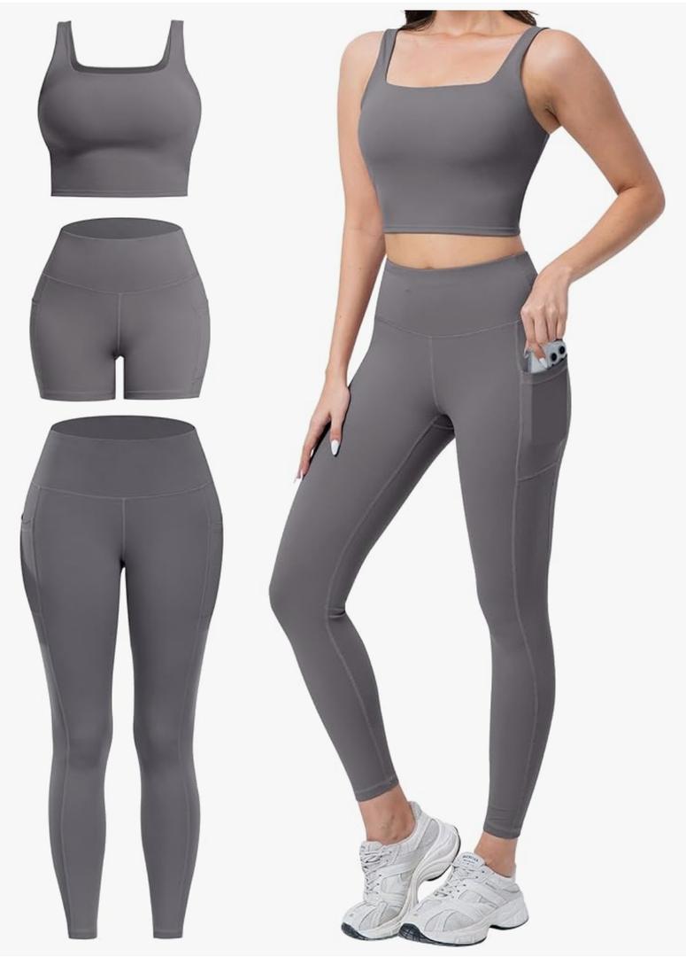 3 Piece Workout Sets for Women High Waisted Leggings with Pockets Tummy Control Biker Shorts Yoga Sports Bra M