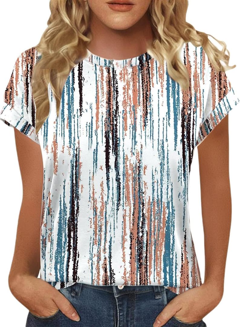 T-Shirt For Women Short Sleeve Round Neck Summer Printed Top Elegant Casual Lightweight Oversized Comfortable Fashion Shirt, 2XL