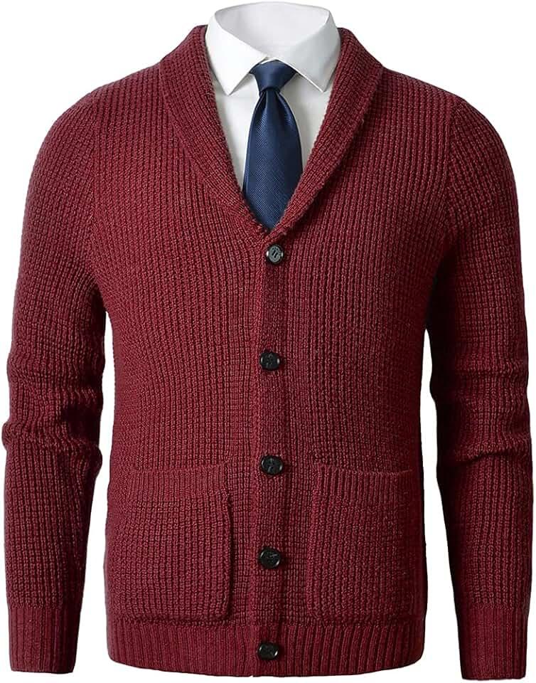 ZHILI Men's Shawl Collar Cardigan Sweater Slim Fit Cable Knit Button up Merino Wool Sweater, Small
