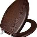 Elongated Wood Toilet Seat Support 400 lbs. Heavy Duty Toilet Seat with Natural Wood Veneer for Bathroom, Dark Walnut Toilet Lid with Chrome Hinges, Grip-Tight Bumpers, Easy Clean, Easy Install