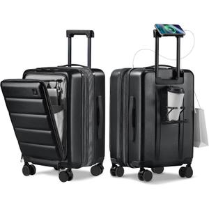 Expandable 20Inch Carry On Luggage Airline Approved - Front Pocket Travel Suitcase 100% PC Unbreakable -with Cup Holder,USB Charge,Side Pothook, 360°Spinner Wheels, TSA Lock-Black, 20 Inch-EXT