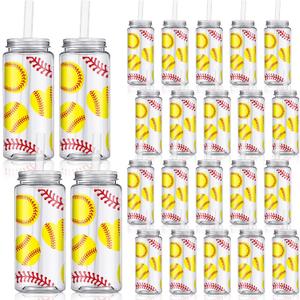 Domensi 24 Pack 14.2 oz Softball Plastic Cups with Lid and Straw Clear Reusable Cups with Lids and StrawsTumbler for Birthday Sports Themed Party Supplies