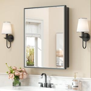 Keonjinn 24 x 30 Black Bathroom Medicine Cabinets with Mirror Recessed or Surface Wall-Mounted Aluminum Alloy Metal Framed Beveled Bathroom Mirror, Large Single Door Farmhouse Storage Cabinet Mirror