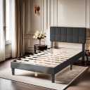 GlasFlength Twin Bed Frame with Headboard Adjustable, Platform Bed Frame W/Wooden Strip Support & Linen Fabric Upholstered Headboard, No Box Spring Needed, Easy Assembly, Twin/Dark Grey