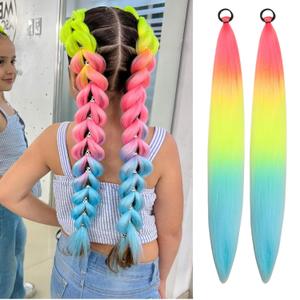 Rainbow Braiding Hair Extension for Braids Synthetic Braid Ponytail Extensions with Elastic Tie Fashion Festival Rave Hair Accessories(Pack of 2)