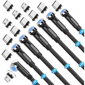 Bojianxin 540° Rotation 3 in 1 Magnetic Charging Cable (7-Pack, 1.6ft/3.3ft/6.6ft/6.6ft/10ft/10ft, Magnet Phone Charger Compatible with Micro USB, Type C Device, black, (NEW-7PACK)