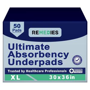 Remedies - Bed Pads Disposable Adults, Seniors, Kids & Puppy Pads - 30" x 36" - Large Disposable Underpads - 50 Count, Incontinence Underpads for Beds & Furniture, Dog Pee Pads, Dogs Chucks Pads