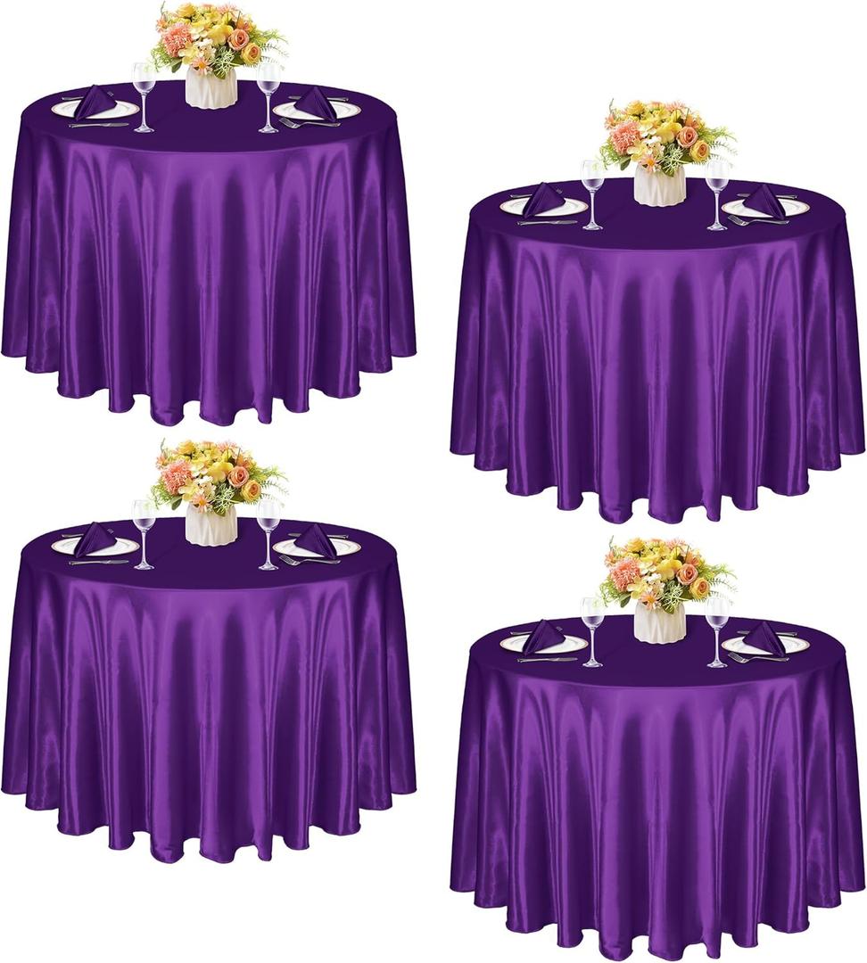 KKJIAF 4 Pack 120 Inch Round Tablecloth Satin Purple Round Table Cover, Silky Satin Dining Table Cloth for Wedding, Party, Banquet, Restaurant, Formal Events