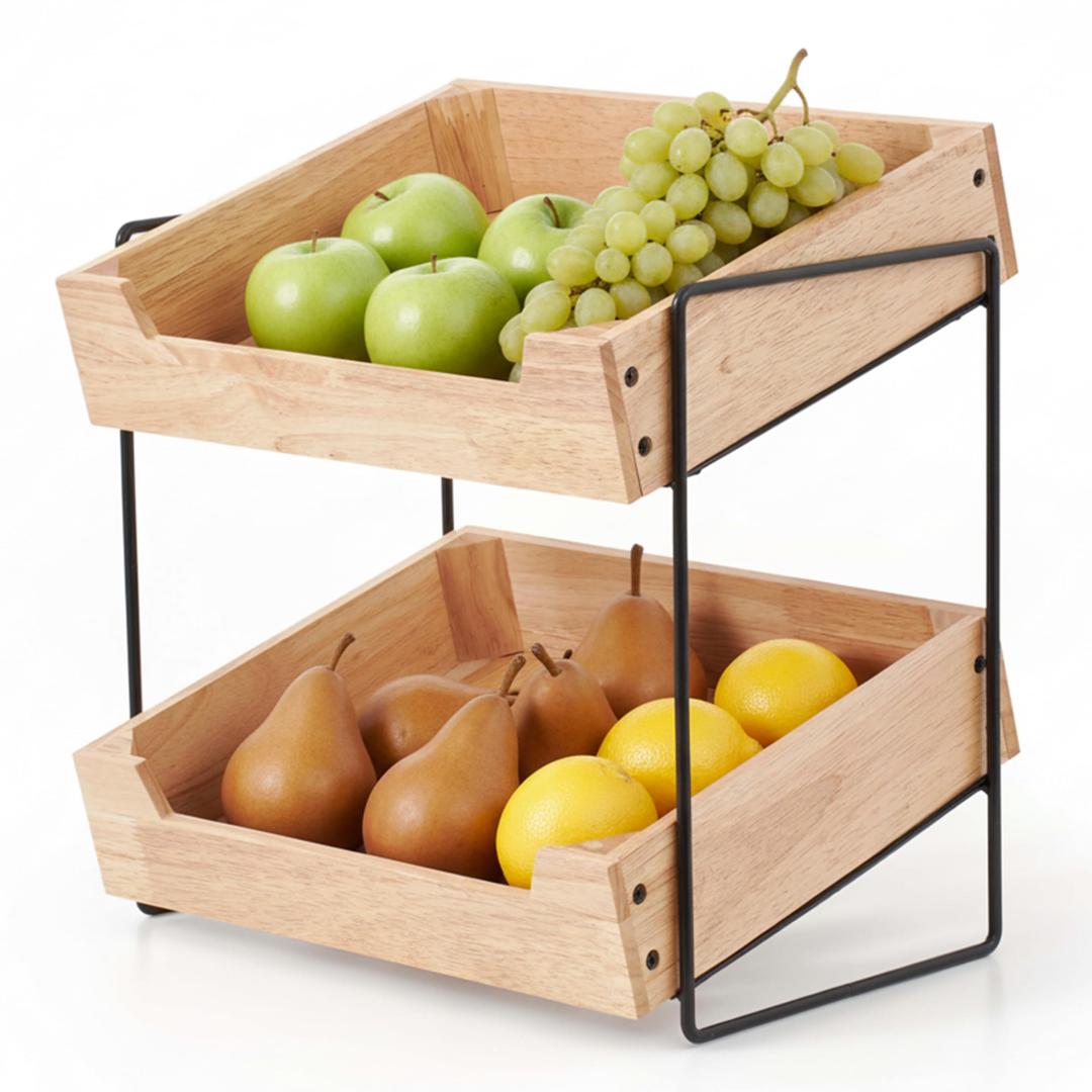 LIBKEN 3-Tier Wooden Fruit Basket – Rubberwood Countertop Produce Storage with Metal Frame – Minimal Scandinavian Design Fruit Stand for Kitchen Counter, Space-Saving Tiered Basket Organizer