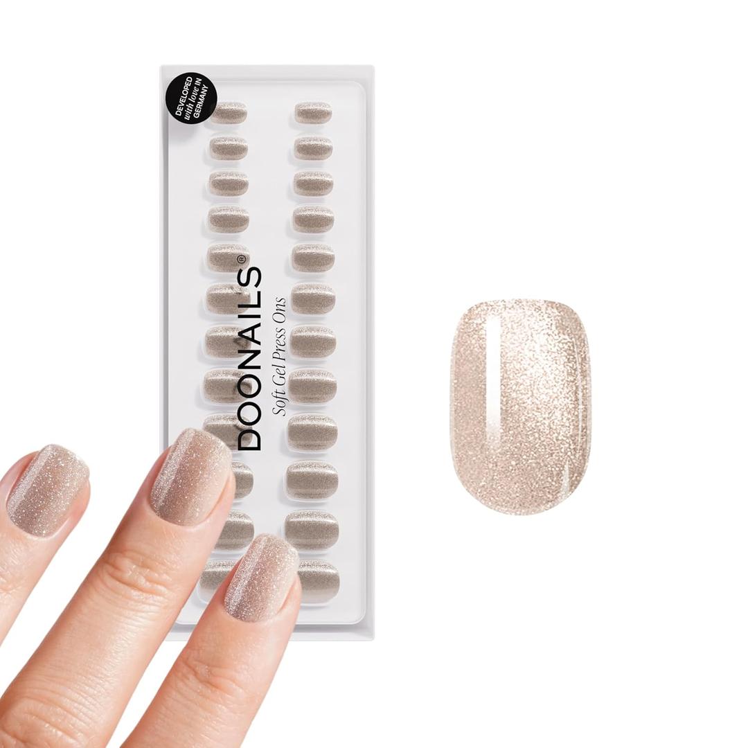DOONAILS Soft Gel Press On Nails - 30 Pcs Kit with Stickers in 15 Sizes – Champagne Metallic, Extra Short Square – Reusable Fake Nails, Salon-Quality Finish, Vegan & Cruelty-Free, Uñas Postizas