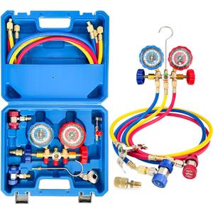 Sutekus AC Gauge Set 3 Way AC Manifold Gauge Set Freon Charge Kit with Hoses Couplers & Adapter for R410 R22 R134A R404 Refrigerant
