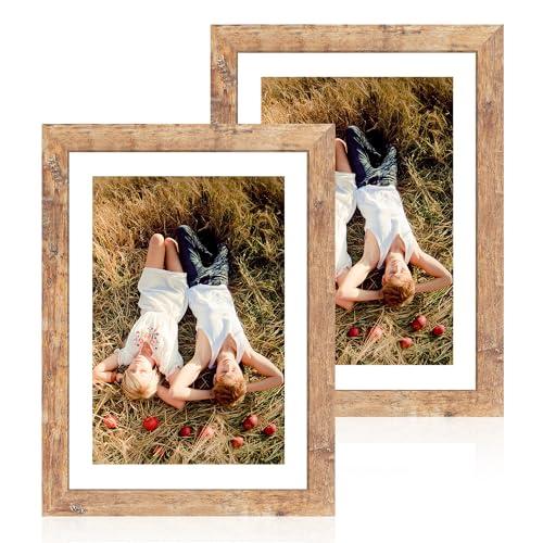iRahmen 10x14 Picture Frame Set of 2 with Tempered Glass, Rustic Brown Wood Frames Display 8x12 Picture with Mat or 10 x 14 Without Mat for Horizontal or Vertical Wall Mounting