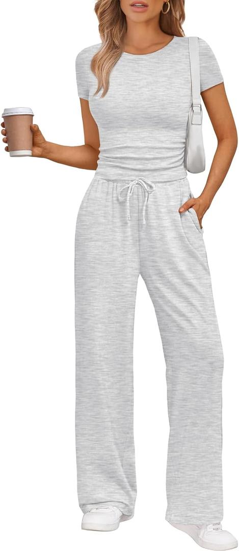 Trendy Queen 2 Piece Matching Summer Sweatsuit Lounge Set Womens Wide Leg Pants Side Ruching Crop Top Sets (Large, Oatmeal Grey)