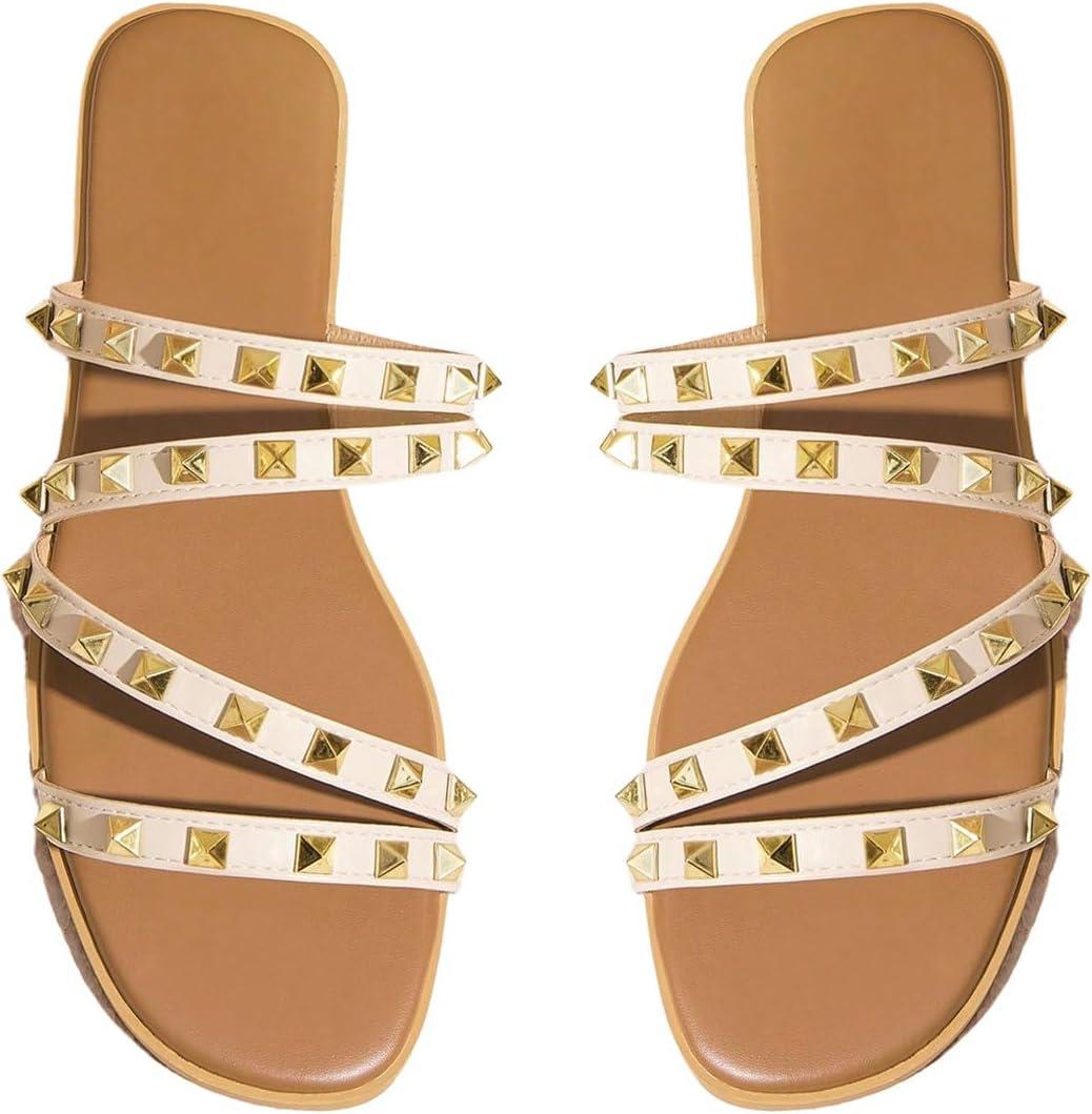 OYOANGLE Women's Studded Strappy Leather Slide Sandals Square Open Toe Slip on Flat Sandal (8, Beige)