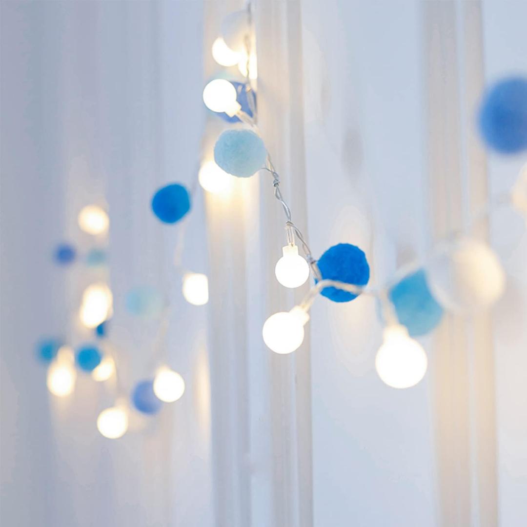 Indoor String Lights 6.56 Feet Pom Poms Fairy 20 LED Battery Operated Ball Warm White Globe Colorful Decor for Home Bedroom Kids Playhouse Holiday Christmas (Blue)