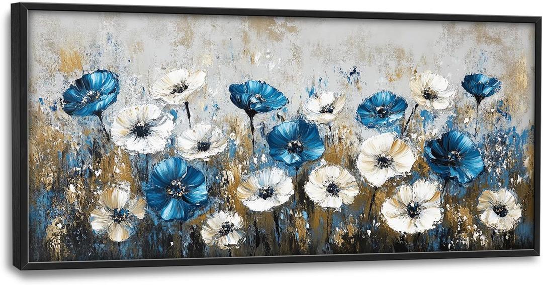 Flintis Large Blue and White Flowers Framed Wall Art Floral Pictures Wall Decor Abstract Landscape Canvas Painting Print Artworks Decor Framed for Living Room Bathroom Master Bedroom 60L X 30W